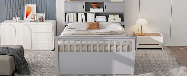 English Elm Full Size Captain Platform Bed Frame With Storage, Bookcase Headboard & Configurable Drawers, Gray N7090000473E