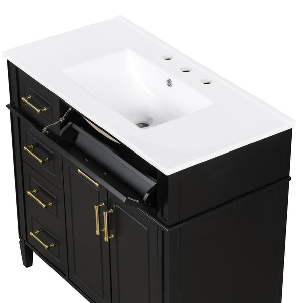 English Elm 36 Inch Freestanding Bathroom Vanity Sage Pine Cabinet Gold Hardware Ceramic Sink Black N725P366466B