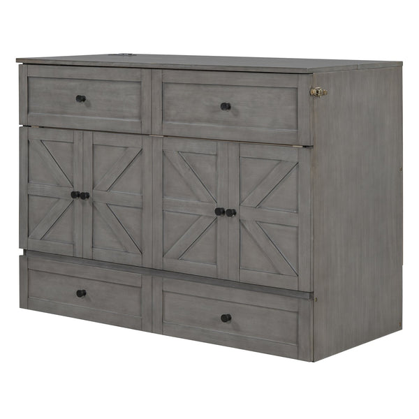 English Elm Full Size Murphy Bed Rattan Cabinet with Storage Drawers and Gold Hardware N708S00005AAE