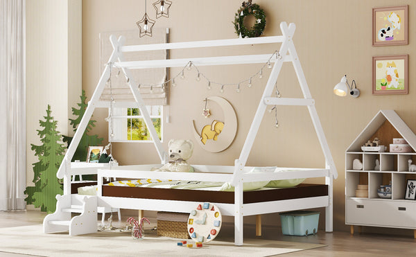 English Elm Twin House Shaped Platform Bed Solid Pine Frame with Built in Stairs for Kids Light White W1580P354720