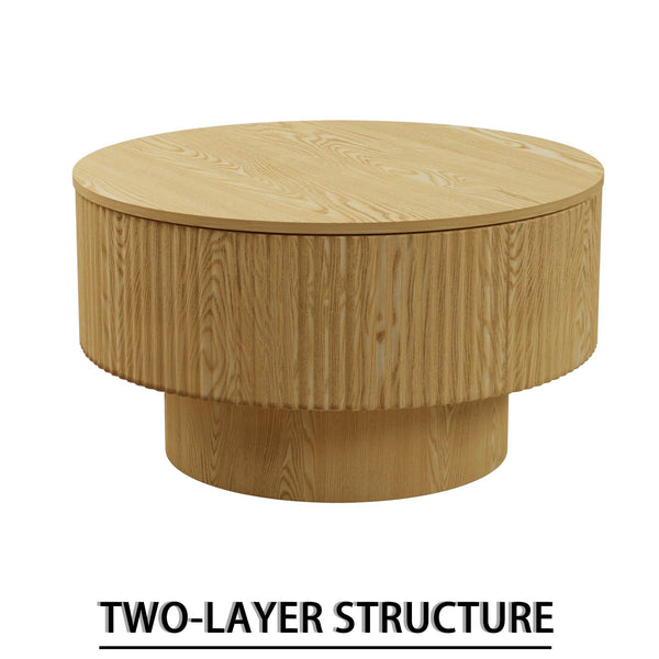 English Elm 29.53 Inch Round Mdf Coffee Table with Grooved Sides and Concealed Storage for Living Rooms W2189P320662