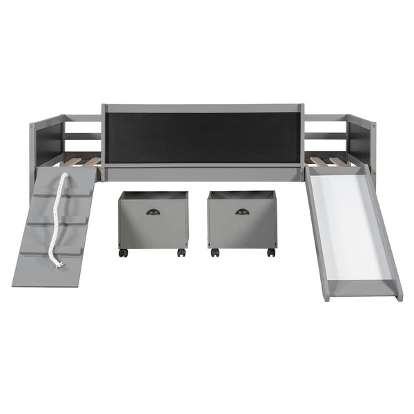 English Elm Twin Kids Loft Bed Solid Pine Frame with Slide Chalkboard and Climbing Rope Play Zone Gray N708P340493E