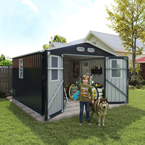 English Elm Outdoor Metal Storage Shed 8x8 Ft with Four Windows and Lockable Double Doors Dark Gray W1598S00041