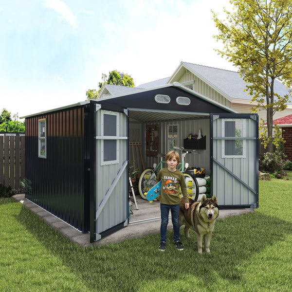 English Elm Outdoor Metal Storage Shed 8x8 Ft with Four Windows and Lockable Double Doors Dark Gray W1598S00041