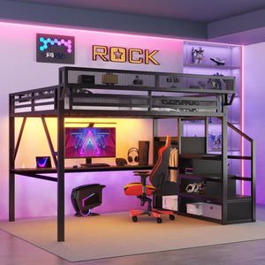English Elm Queen Metal Loft Bed with Desk Charging Station Rgb Lighting and Storage Stairs W2580S00091