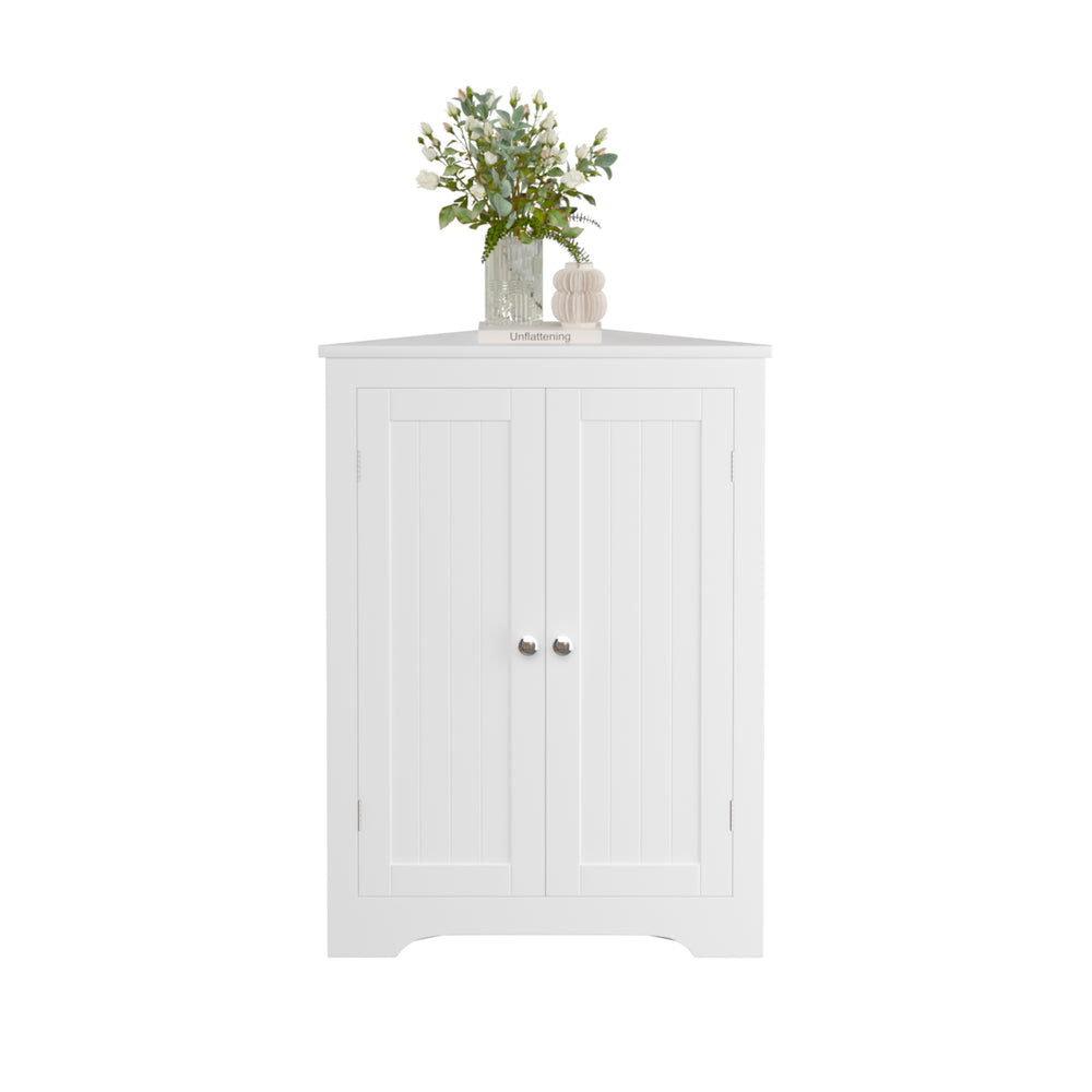 English Elm Floor Corner Cabinet with Beadboard Doors & Adjustable Shelf, Narrow Freestanding White Storage for Bath, Kitchen, Living Room, Bedroom W808P175911