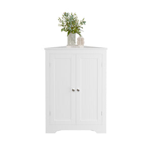 English Elm Floor Corner Cabinet with Beadboard Doors & Adjustable Shelf, Narrow Freestanding White Storage for Bath, Kitchen, Living Room, Bedroom W808P175911