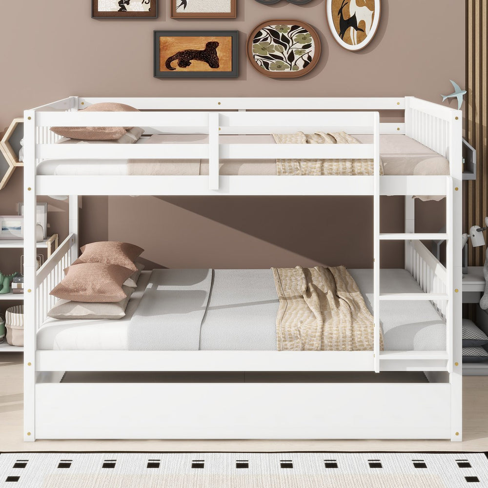English Elm Full Over Full Bunk Bed With Twin Trundle, Ladder & Guardrails - Convertible, Durable Rubberwood Design W504S00212