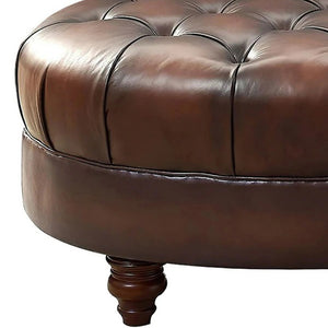 English Elm Newport Hand-Finished Leather Ottoman with Nail-Head Trim, Serpentine Front Rail & Turned Legs B2705P211813