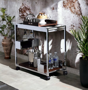 English Elm Lisses Chrome Serving Cart with Removable Wooden Tray, Wine Rack, Stemware Shelf & Casters, 70lb Top B2726P286818