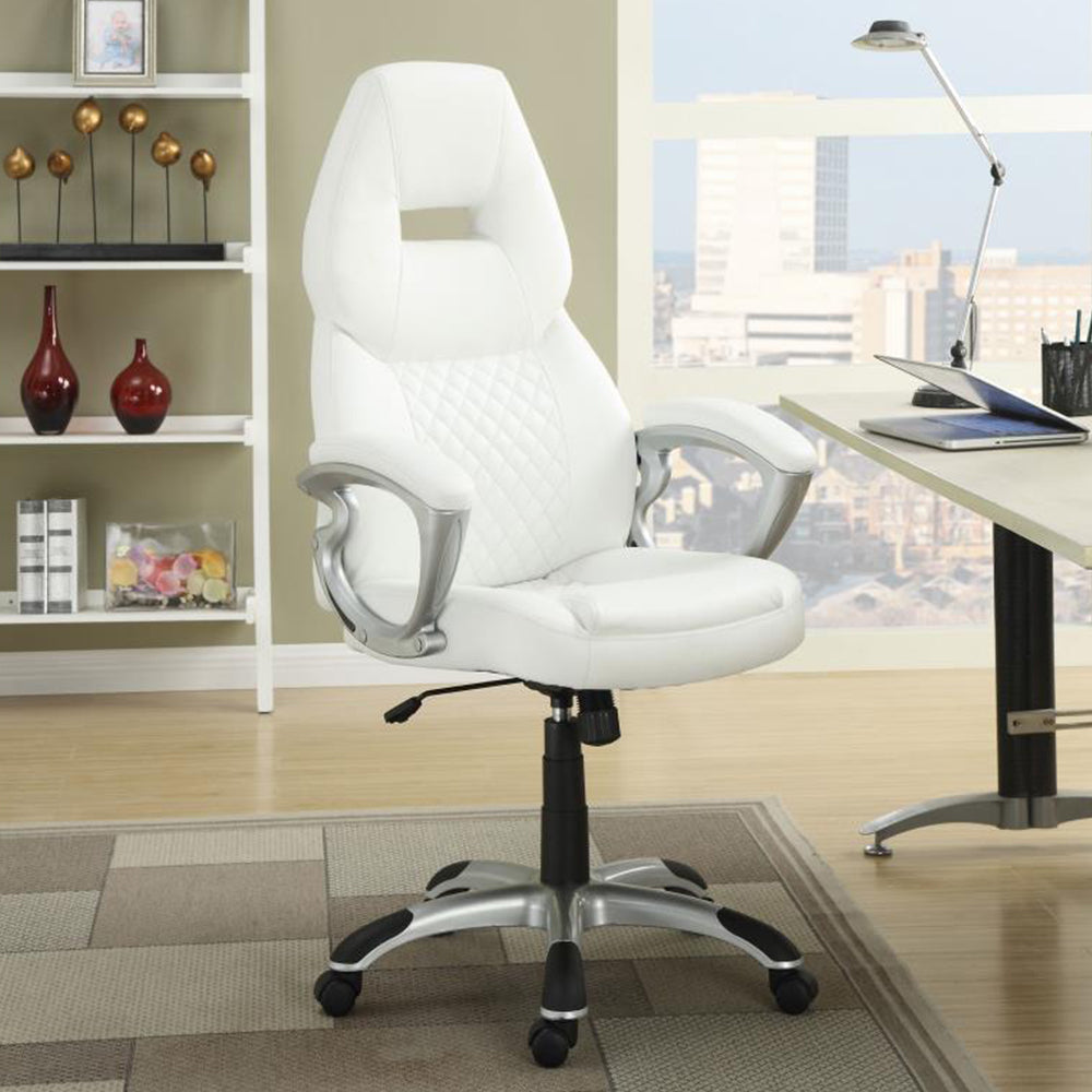 English Elm Upholstered White Leatherette Office Chair with Headrest, Contoured Back & Adjustable Height on Casters B016P381003