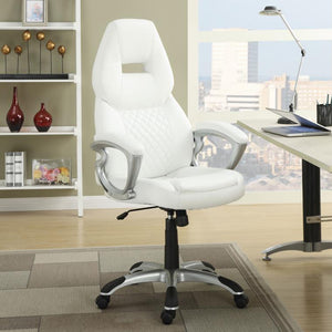 English Elm Upholstered White Leatherette Office Chair with Headrest, Contoured Back & Adjustable Height on Casters B016P381003