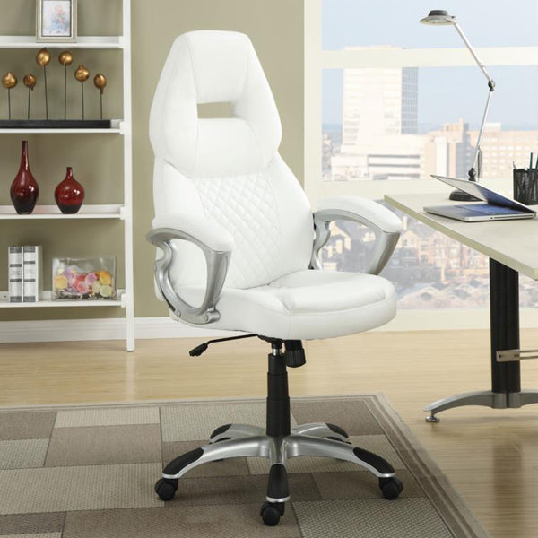 English Elm Upholstered White Leatherette Office Chair with Headrest, Contoured Back & Adjustable Height on Casters B016P381003