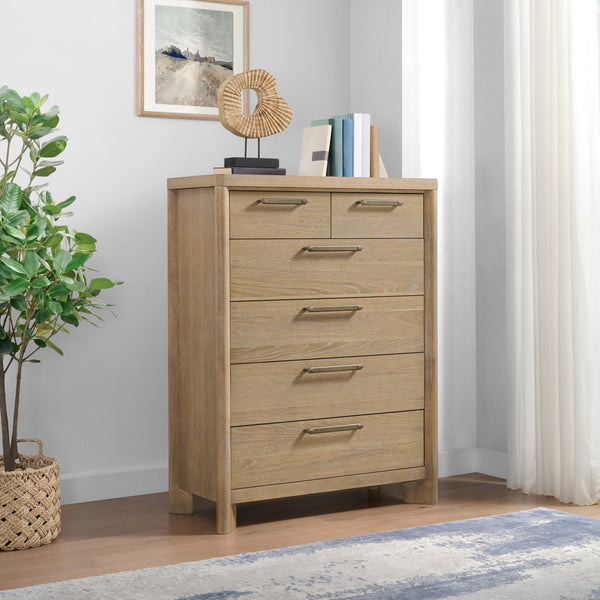 English Elm Wallace & Bay - Tan 6-Drawer Chest — Contemporary Sand Dune Wood Dresser, Easy-Care Finish, 40"W x 18"D x 52"H B361P384428