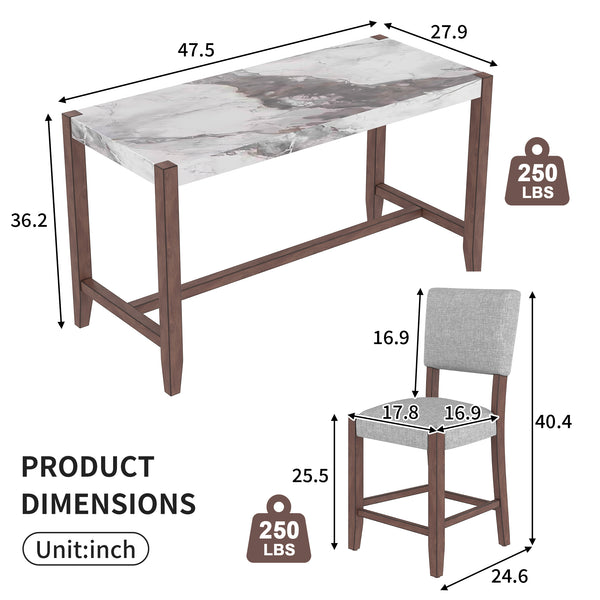 English Elm 5-Piece Counter Height Dining Set with Faux Marble Top and Upholstered Seats, Mid-Century Pub Charm White+gray N752S000086E