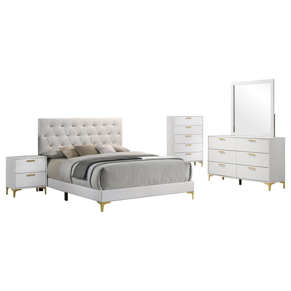 English Elm James White Queen Bedroom Set with Leatherette Bed Gold Hardware and Storage B062S01575