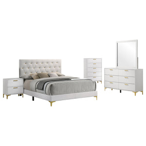 English Elm James White Queen Bedroom Set with Leatherette Bed Gold Hardware and Storage B062S01575