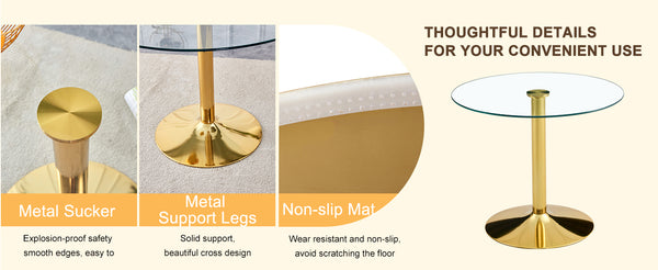 English Elm A Modern 35-Inch Tempered Glass Round Dining Table with Sleek Metal Legs, Minimalist Style for 4-6 }{@ Gold,Transparent W1151P263755