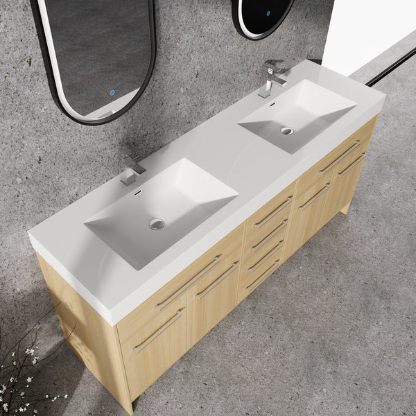 English Elm 72" Freestanding Bathroom Vanity with Double Resin Sink, Original Oak Finish, 4 Doors & 6 Drawers, Soft-Close W1972P315234