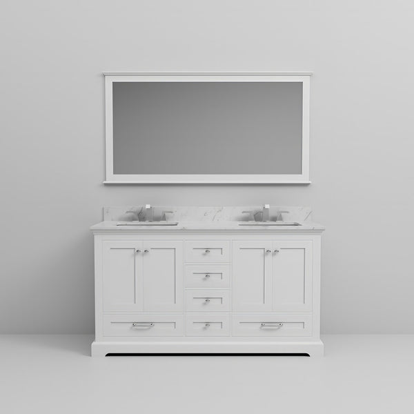 English Elm White Double Bath Vanity 60 in W x 22 in D with Carrara Marble Top, Chrome Faucets & 58 in Mirror Durable B2731S00981