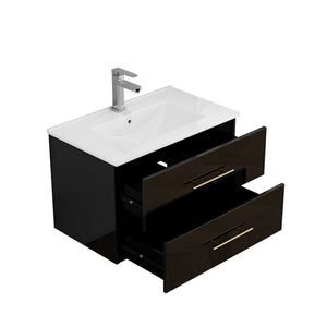 English Elm 30-Inch Sleek Black Gloss Wall-Mounted Bathroom Vanity With Integrated Sink & Easy Installation Options W3151S00054