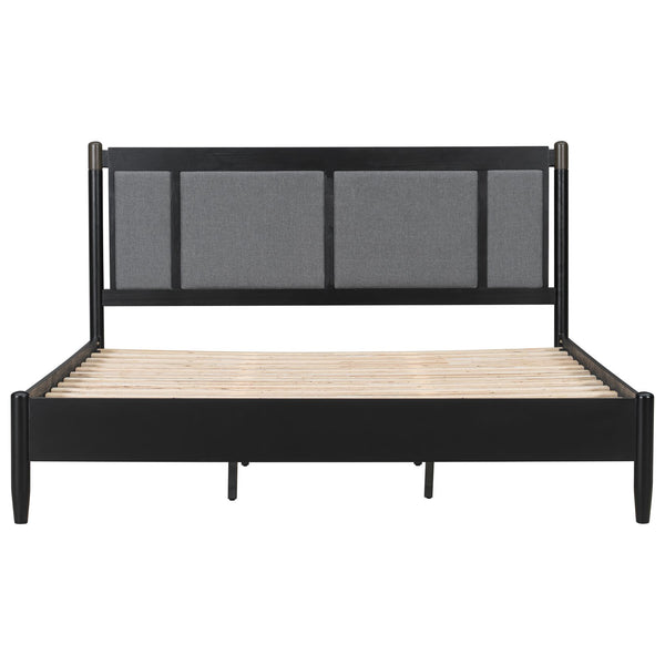 English Elm Solid Pine King Platform Bed with Upholstered Headboard and Industrial Metal Accents Black,Dark Grey N770PK361419B