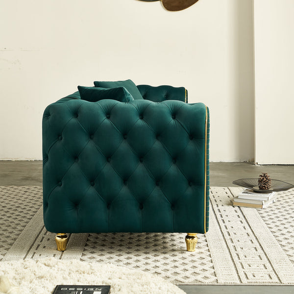 English Elm 86'' Luxury Modern Tufted Sofa with Gold Trim, Velvet Upholstery, Pocket Spring Comfort & 750lb Support Green W579P303657