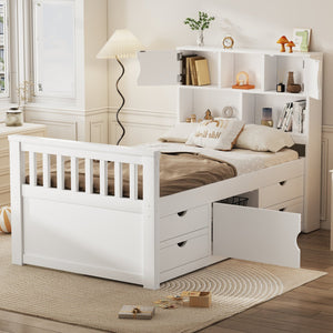English Elm Twin Captain Platform Bed with Bookcase Headboard Four Drawers Pine Mdf Frame White GX001828AAK-1
