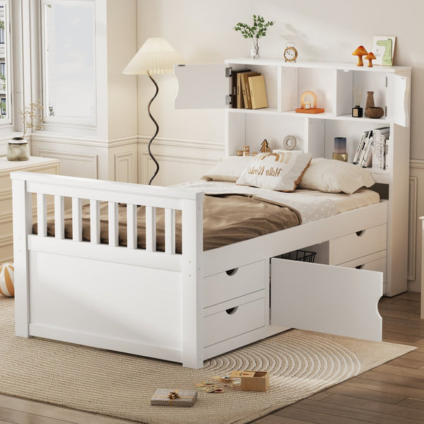 English Elm Twin Captain Platform Bed with Bookcase Headboard Four Drawers Pine Mdf Frame White GX001828AAK-1