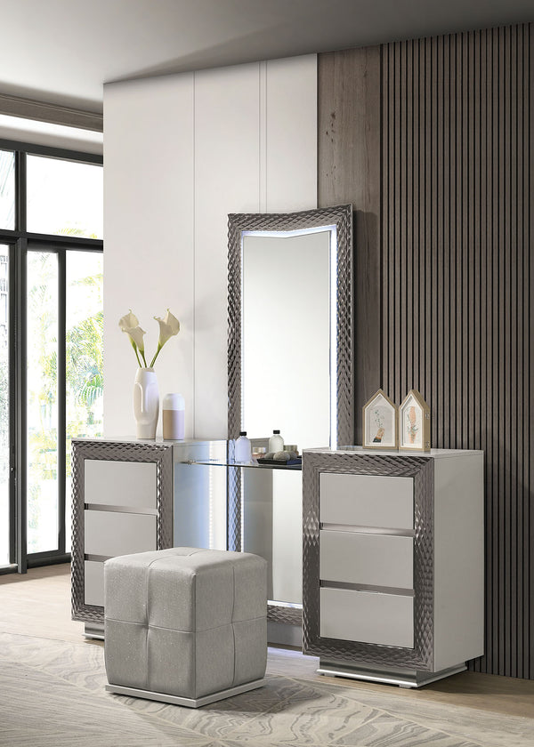 English Elm Glam Elegant Vanity Set with LED Mirror, Plush Stool, Ample Storage, Felt-Lined Drawers, Chic Finish Gray 26 L x 19 W x 38 H B2741S00674