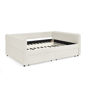 English Elm Daybed With Trundle And Storage Drawers, Upholstered In Beige Boucle, Queen Size For Stylish Comfort W1413S00074