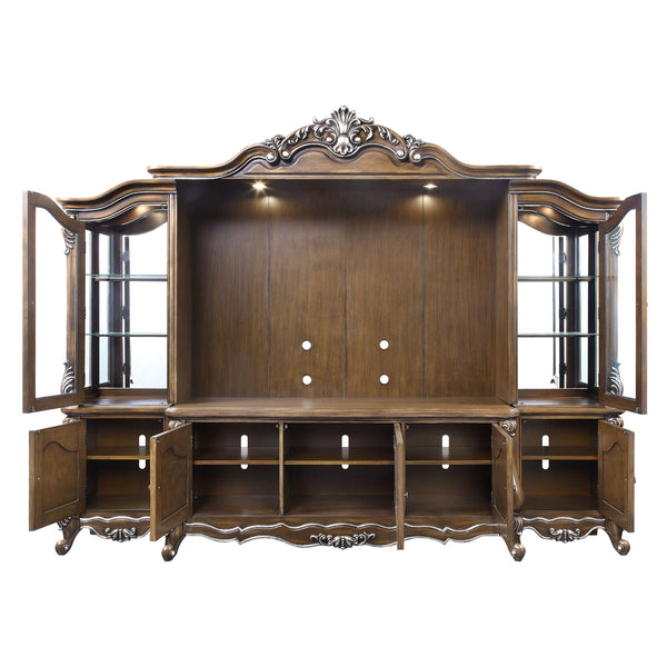 English Elm Latisha Antique Oak Entertainment Center with Tempered Glass Doors, Floral Trim, Touch Light, 68" TV Ready B2726S00357