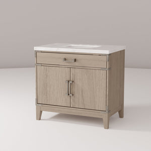 English Elm Grey Oak Single Bath Vanity With Carrara Marble Top - Elegant Design, Soft-Close Doors & Storage Solutions B2731P259788