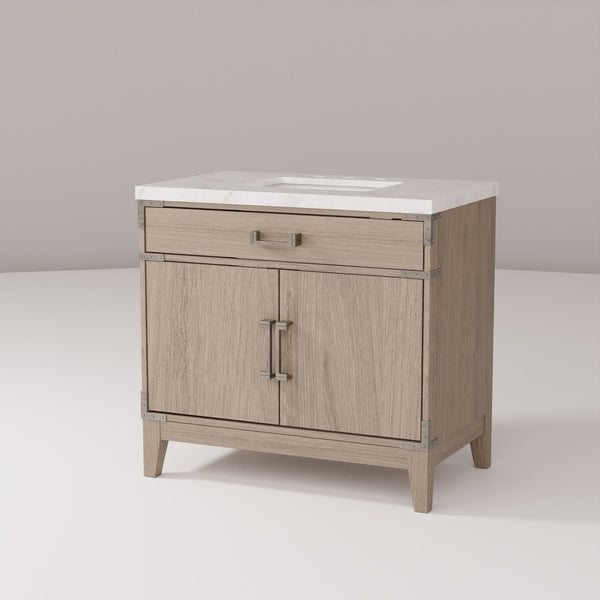 English Elm Grey Oak Single Bath Vanity With Carrara Marble Top - Elegant Design, Soft-Close Doors & Storage Solutions B2731P259788