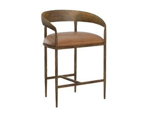 Sunpan Zanatta Stylish Barstool with Antique Brass Frame and Unique Hammered Metal Detailing for Any Space Tan Leather