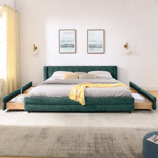 English Elm King Chenille Upholstered Platform Bed with Storage Drawers and Structured Headboard Blue+Green W487S00416