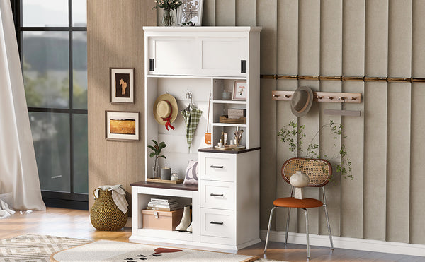 English Elm U-can Hall Tree with Storage Bench Three Drawers Open Shelves and Hooks for Entryway N724P380403K