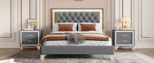 English Elm Queen Velvet Upholstered Bed Frame with LED Ambiance, Tufted Headboard, Sturdy Slat Support Gray 63.98 L x 23.23 W x 5.91 H N733P183657E