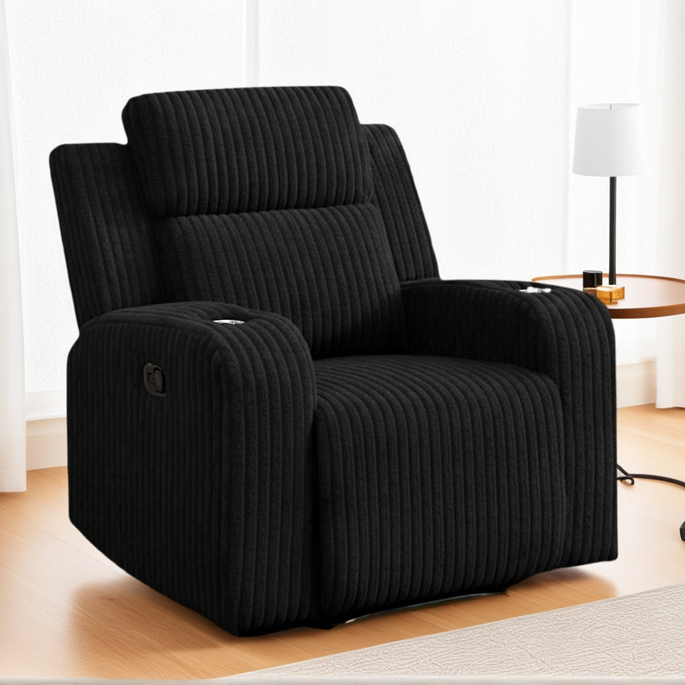 English Elm Recliner Chair Corduroy Upholstered with Bluetooth Speaker and Usb Charging for Living Room Black W3900P384915