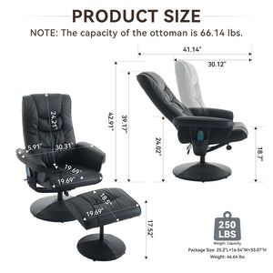 English Elm 015-Recliner Ergonomic Swivel Massage Chair with Ottoman, Heated 5-Point Vibration, 140° PU Recliner Black W2636P262445