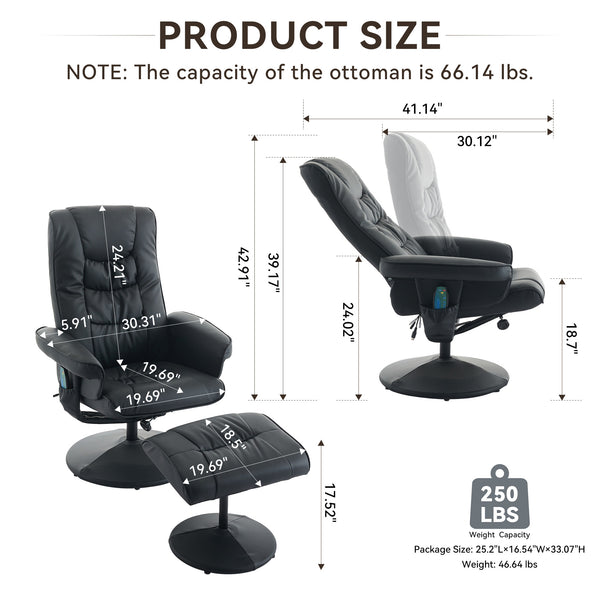 English Elm 015-Recliner Ergonomic Swivel Massage Chair with Ottoman, Heated 5-Point Vibration, 140° PU Recliner Black W2636P262445