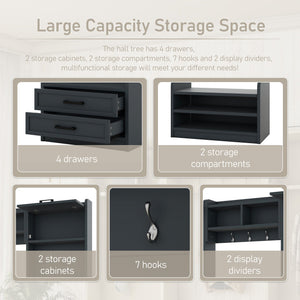 English Elm 4-in-1 Hall Tree with Bench, 7 Hooks, 2 Cabinets & 4 Drawers for Entryway Storage and Seating Antique Blue W1580S00091