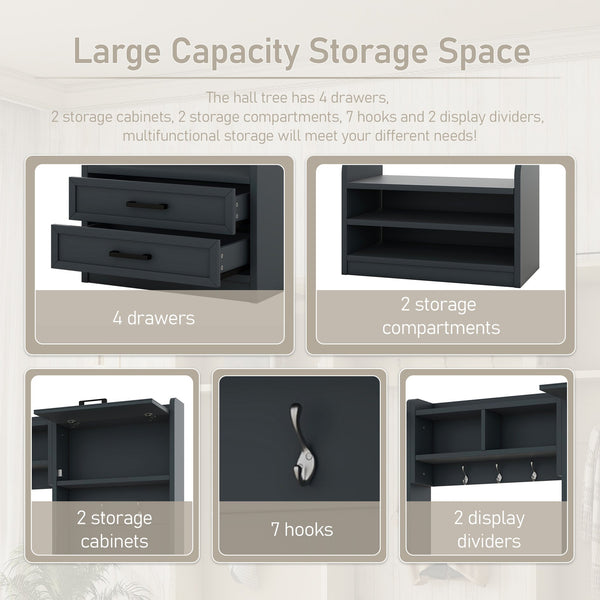 English Elm 4-in-1 Hall Tree with Bench, 7 Hooks, 2 Cabinets & 4 Drawers for Entryway Storage and Seating Antique Blue W1580S00091