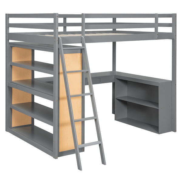 English Elm Full Size Loft Bed with Desk Shelves Writeable Board Pine Frame Gray Finish LT100226AAE-1