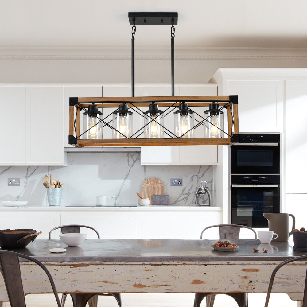 English Elm 32" Walnut Industrial Farmhouse Pendant Light Chandelier - 5-Lamp Design For Dining & Kitchen Decor W2312P368675