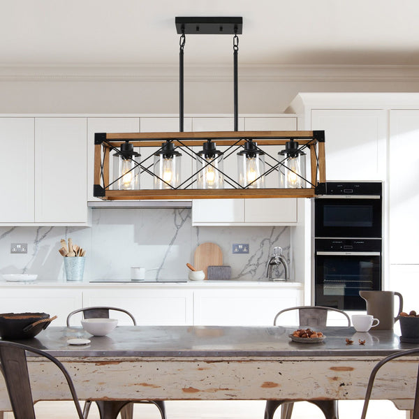 English Elm 32" Walnut Industrial Farmhouse Pendant Light Chandelier - 5-Lamp Design For Dining & Kitchen Decor W2312P368675