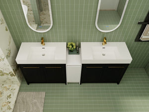 English Elm 84 Inch Freestanding Bathroom Vanity with Integrated Resin Sink, Soft-Close Doors, Shelves & Extra Storage Space Black Chestnut,Glossy White W999S00301