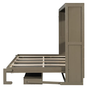 English Elm Queen Murphy Bed Cabinet with Vanity Desk Hydraulic Lift Mirror Distressed Finish Gray LP000766AAE-1