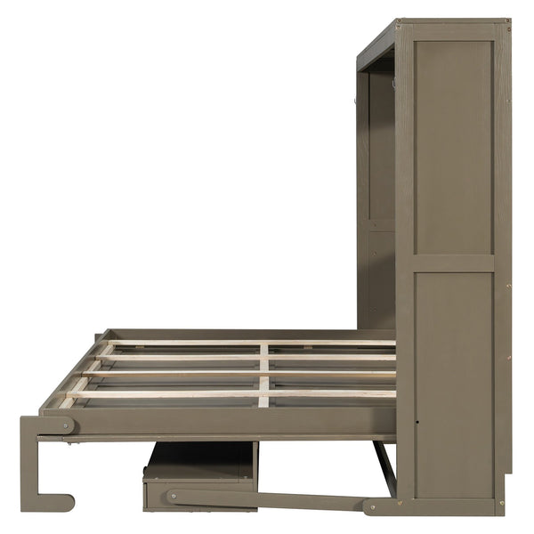 English Elm Queen Murphy Bed Cabinet with Vanity Desk Hydraulic Lift Mirror Distressed Finish Gray LP000766AAE-1