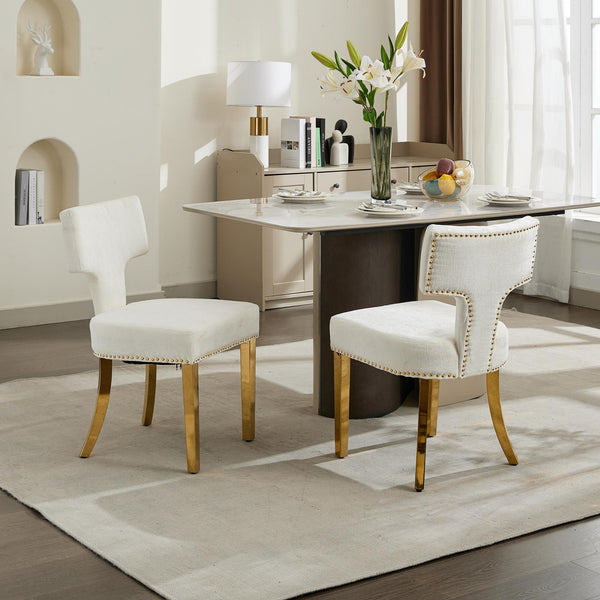 English Elm Mid Century Modern Dining Chairs with Copper Nail Trim, Plush High-Density Foam Seats, Brushed Steel Legs Beige W1143P314902